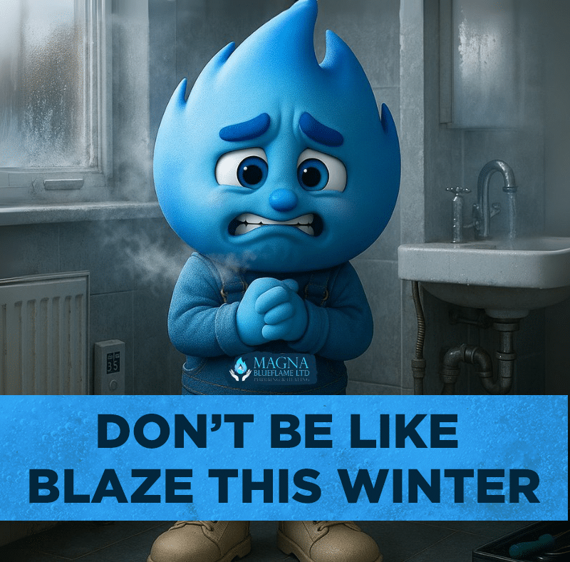 A worried blue flame cartoon character stands in a chilly bathroom, shivering, with the text: DON'T BE LIKE BLAZE THIS WINTER. Trust a Gas Safe engineer Dorset&mdash;Magna Blueflame Ltd logo below.