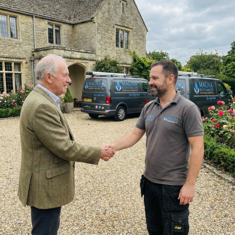 Two men shaking hands outside a home, with a Magna BlueFlame service van in the background, symbolizing trust and professionalism in plumbing and heating services.