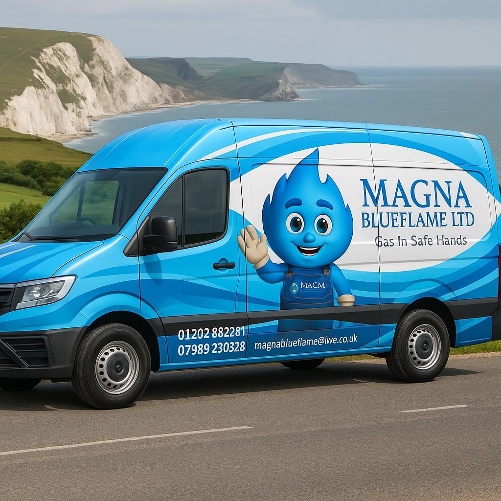A blue Magna Blueflame Ltd van with company branding, contact details, and a friendly blue flame cartoon mascot, parked on a coastal road with cliffs and sea in the background—perfect for your next blog feature.