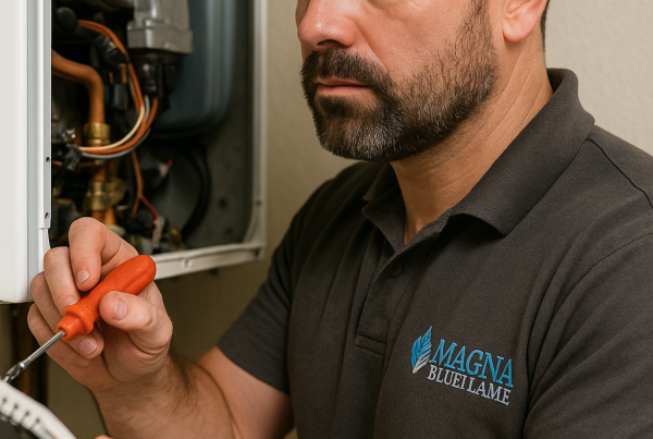 A technician in a grey MAGNA BLUEFLAME polo shirt uses a screwdriver on a boiler, checking notes on a notepad as he diagnoses a possible boiler breakdown.