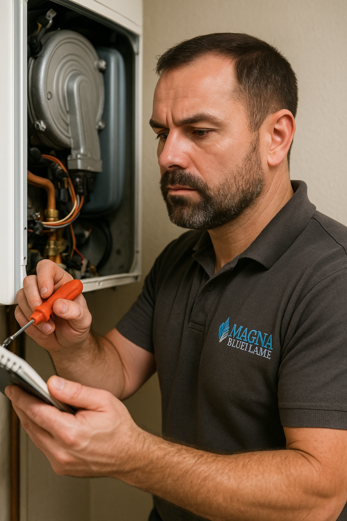 A technician in a grey MAGNA BLUEFLAME polo shirt uses a screwdriver on a boiler, checking notes on a notepad as he diagnoses a possible boiler breakdown.