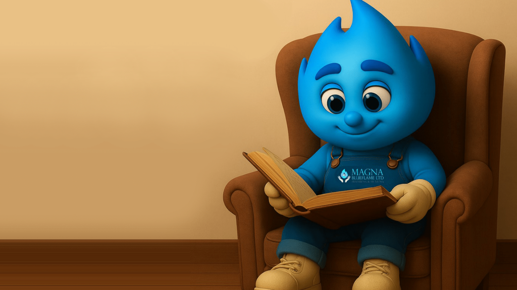 A blue cartoon character with a blue flame shaped head, wearing overalls and gloves, sits in a brown armchair and reads an open book. The character's overalls display the Magna Blue Flame Ltd logo.