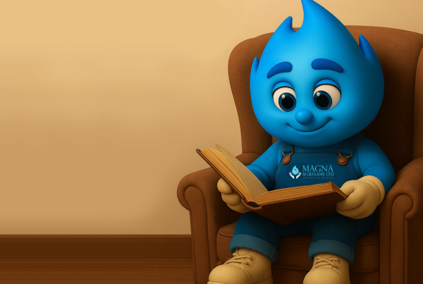 A blue cartoon character with a blue flame shaped head, wearing overalls and gloves, sits in a brown armchair and reads an open book. The character's overalls display the Magna Blue Flame Ltd logo.