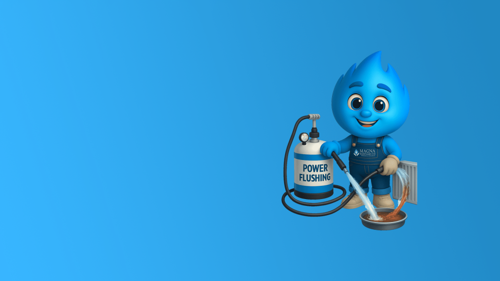 A smiling blue flame mascot in dungarees uses a power flushing machine to clean a heating system filter on a bright blue background.