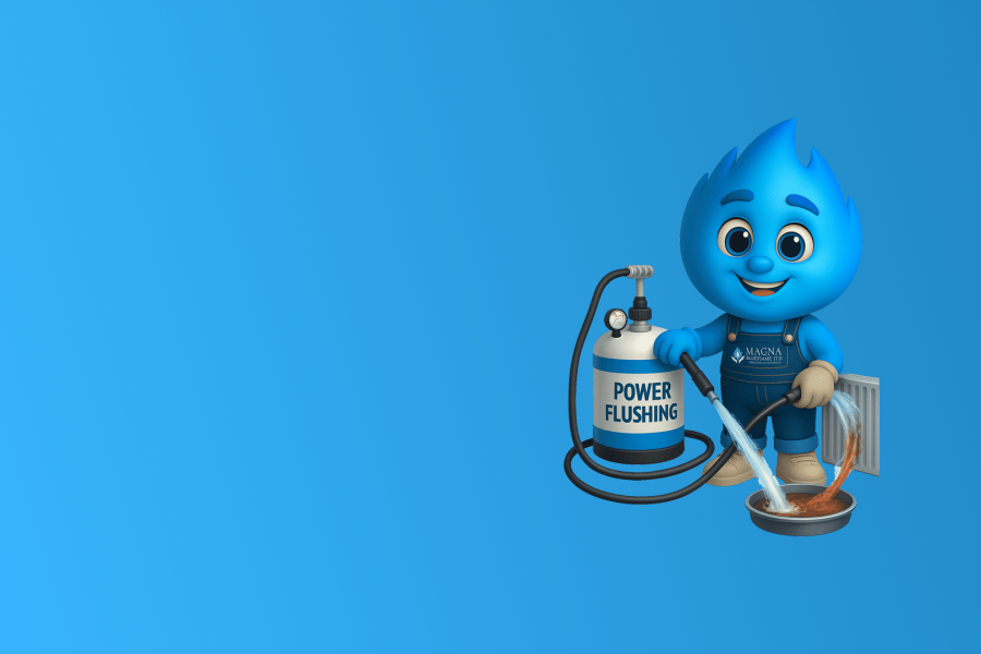A smiling blue flame mascot in dungarees uses a power flushing machine to clean a heating system filter on a bright blue background.