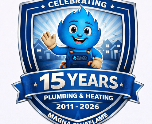 A blue shield-shaped badge with a smiling flame mascot, text reads Celebrating 15 Years Plumbing & Heating 2011-2026 Magna Blueflame, marking our incredible journey, with houses in the background.